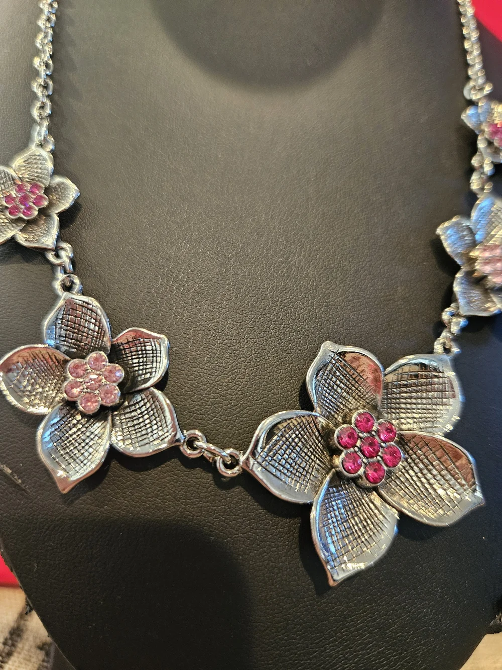Silver Floral Necklace with Pink Crystal Centers